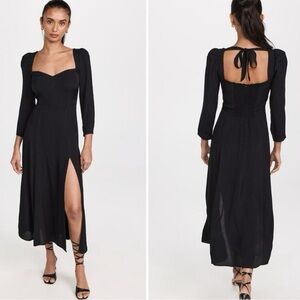 Reformation Mara Puff Sleeve Black Midi Dress with Slit